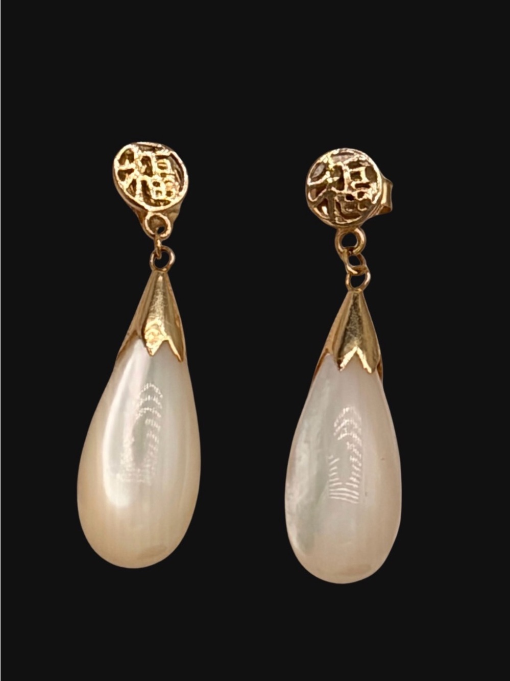 14K Gold & Mother of Pearl Teardrop Dangle Earrings Chinese Character, Blessings